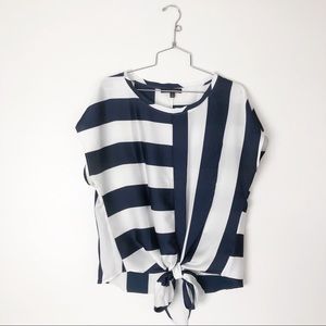 Silky tie front top striped blouse blue & white